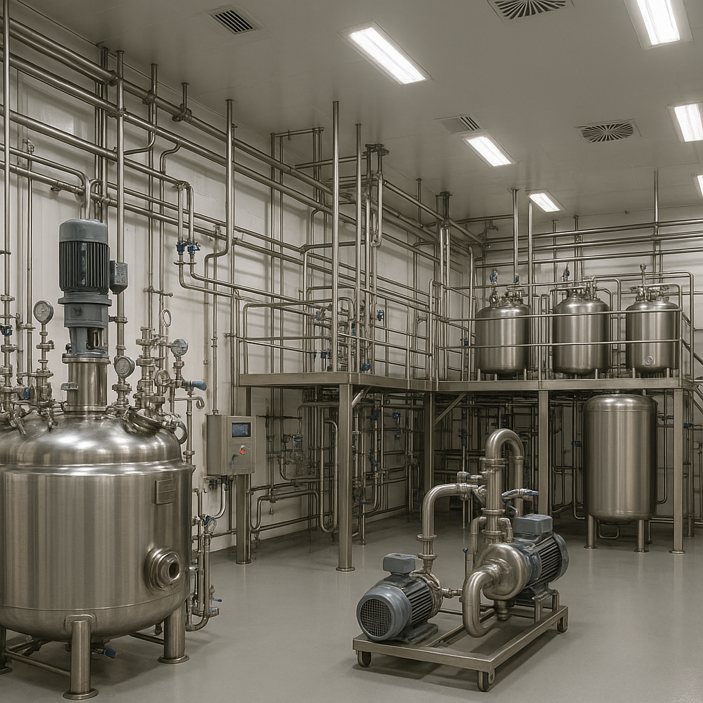 Industrial pharma factory inside set up process and vacuum equipment installed