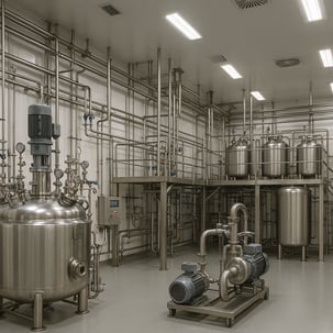 Industrial pharma factory inside set up process and vacuum equipment installed