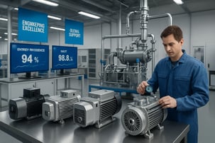 The image showcases a sleek modern industrial facility filled with advanced vacuum pump technologies In the foreground a series of precisionengineered rotary vane and dry vacuum pumps are displayed on a polished workbench their metallic surfaces glea