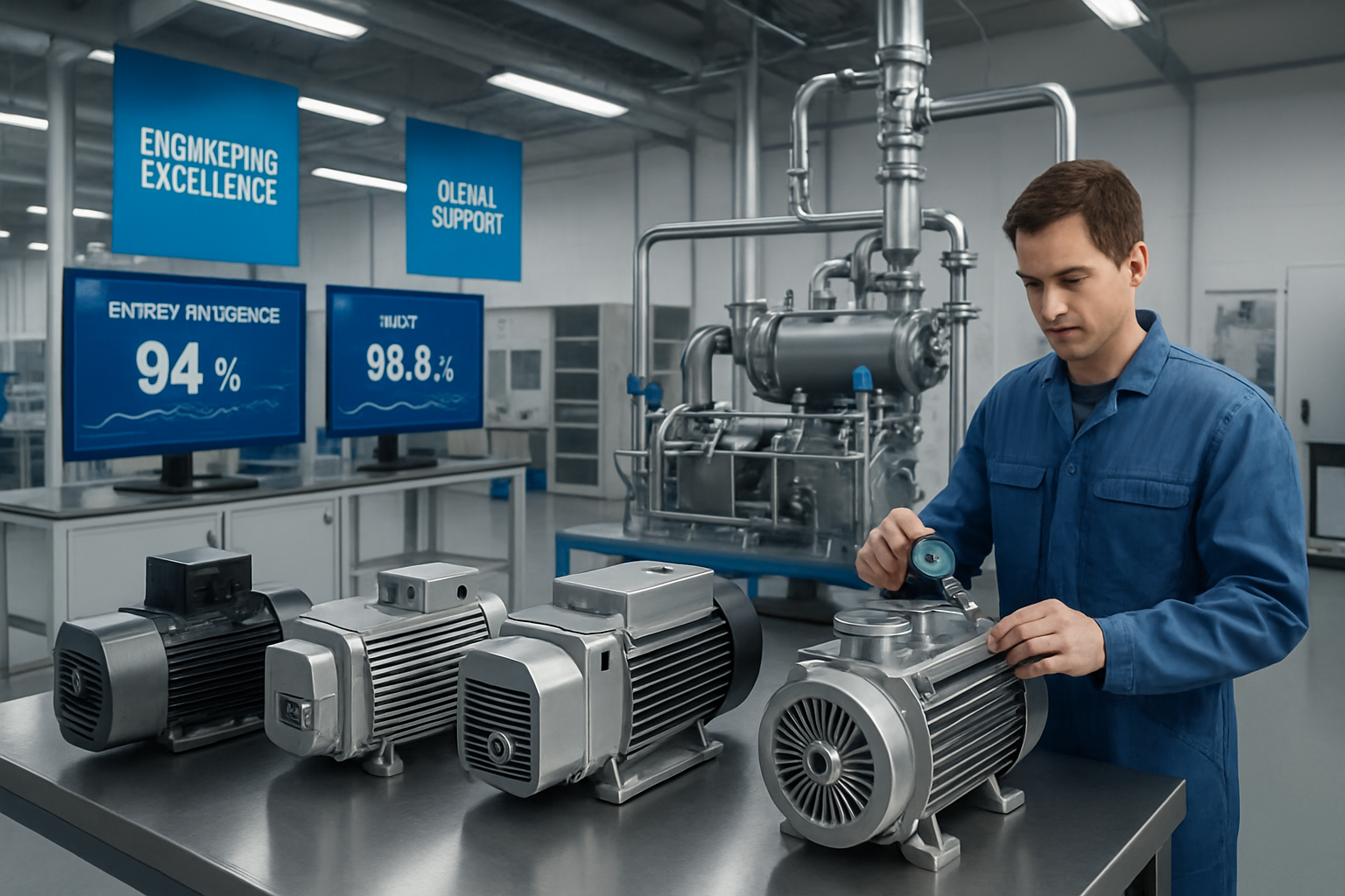 The image showcases a sleek modern industrial facility filled with advanced vacuum pump technologies In the foreground a series of precisionengineered rotary vane and dry vacuum pumps are displayed on a polished workbench their metallic surfaces glea